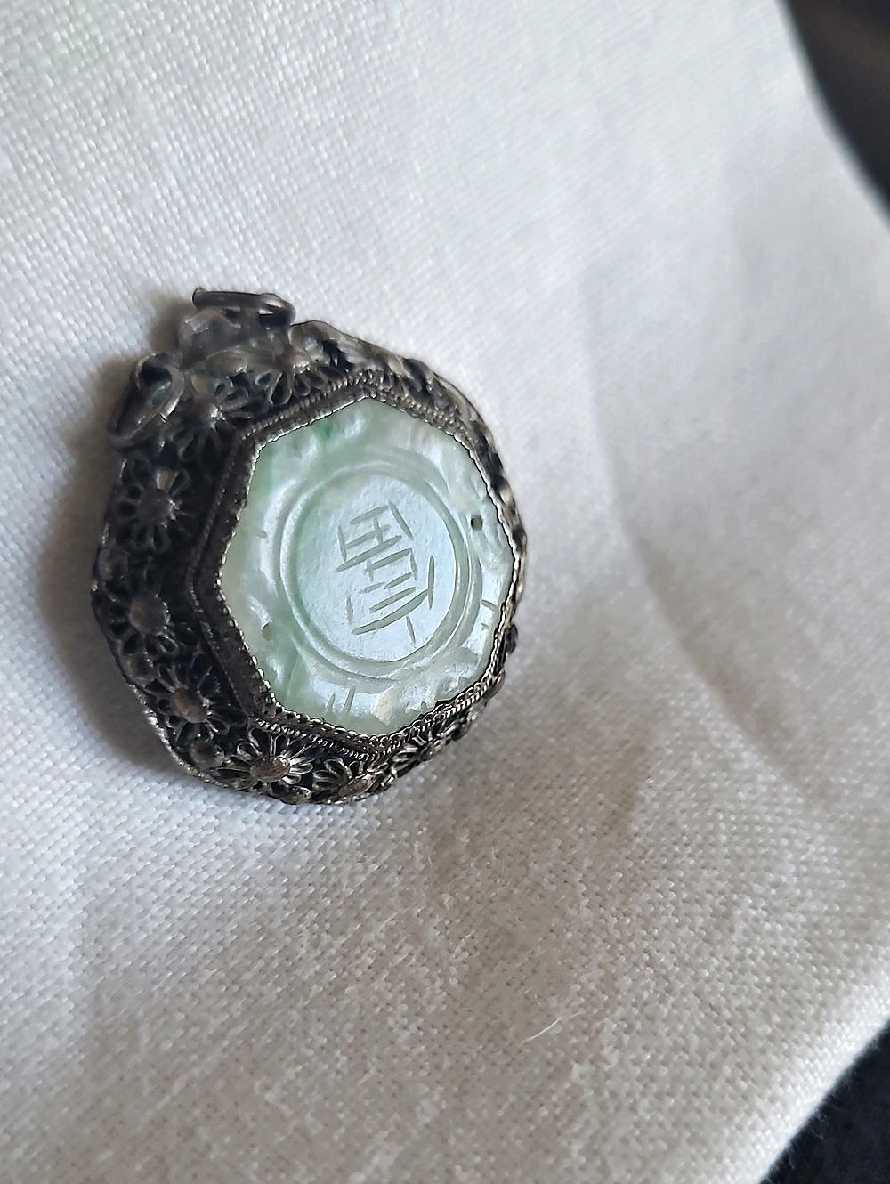 Green Stone Filigree Pendant. No Chain. Tarnish Marks.